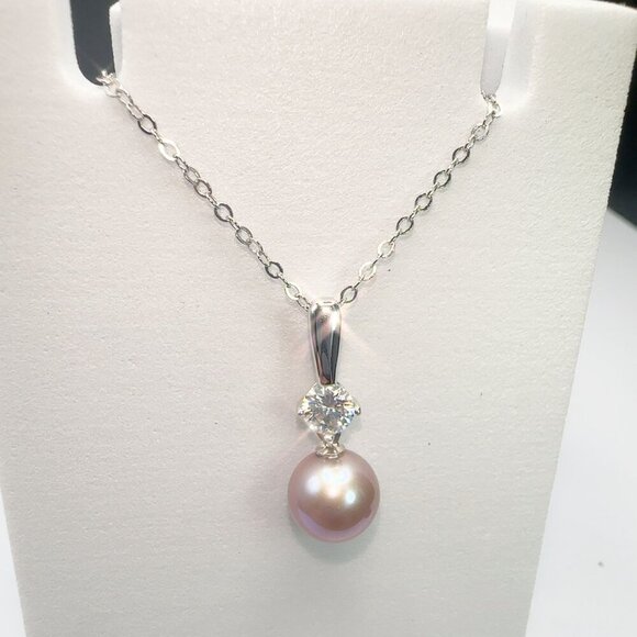 Pink Pearl & Moissanite Necklace 925 Sterling Silver Elegant Jewelry - Picture 4 of 16